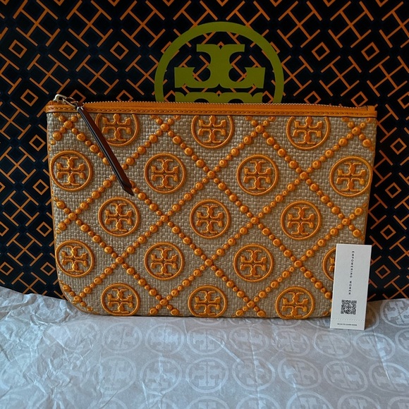 Tory Burch T Monogram Embroidered Straw Pouch Orange Citrine - Picture 1 of 11
